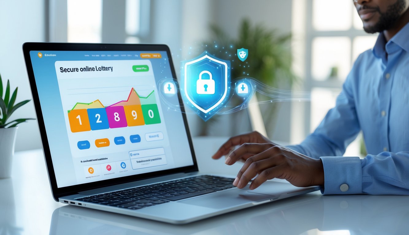 Seseorang menggunakan laptop di meja kerja dengan tampilan situs lotere online yang aman dan terpercaya.