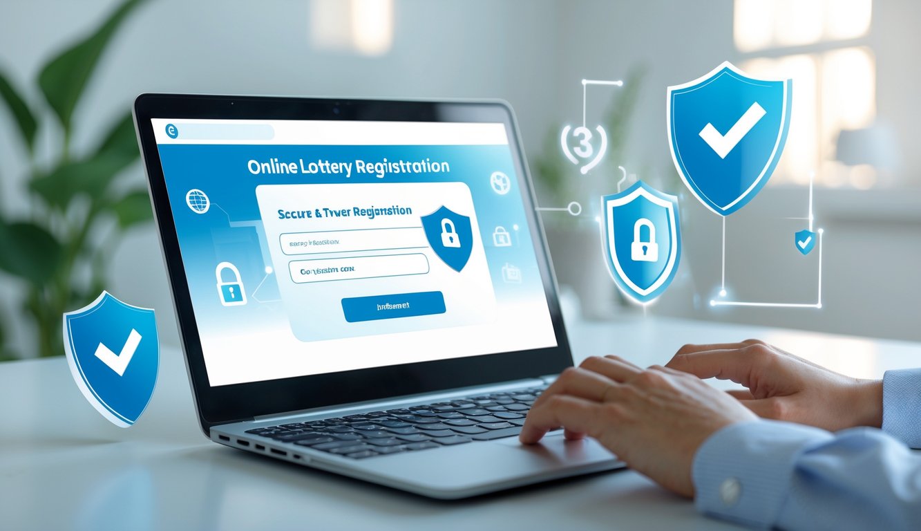 Seseorang menggunakan laptop di meja kerja yang rapi dengan simbol keamanan digital di latar belakang.