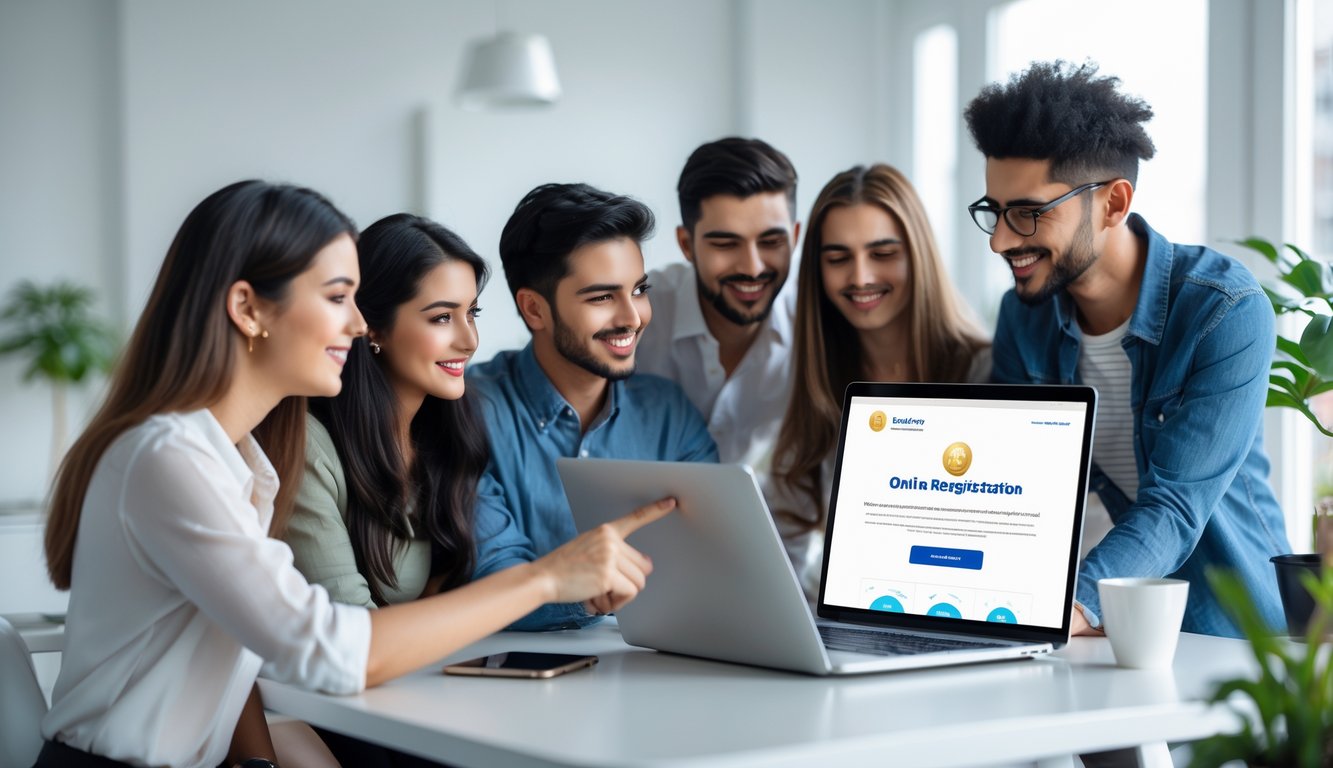 Sekelompok orang muda sedang menggunakan laptop di meja kantor yang rapi, terlihat serius dan fokus pada layar komputer.