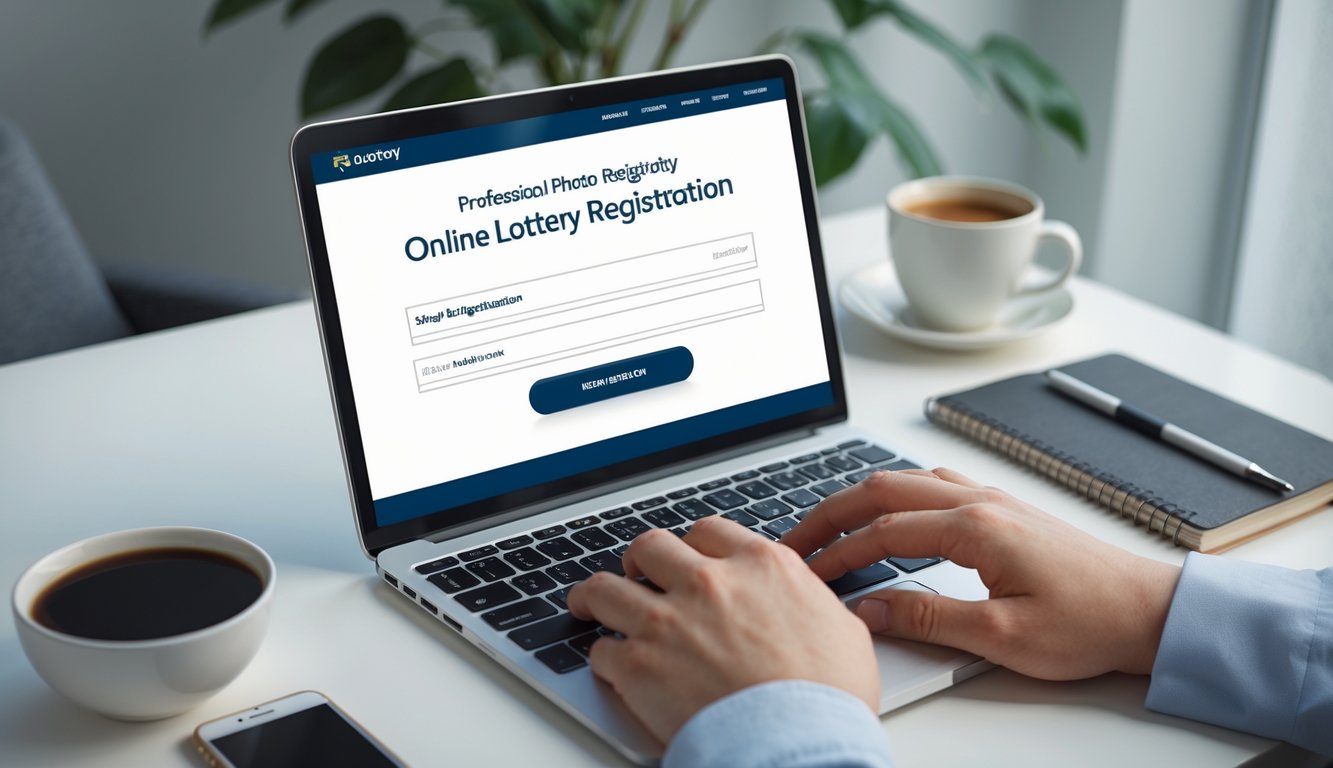 Seseorang sedang menggunakan laptop di meja kerja dengan ponsel dan buku catatan di dekatnya.