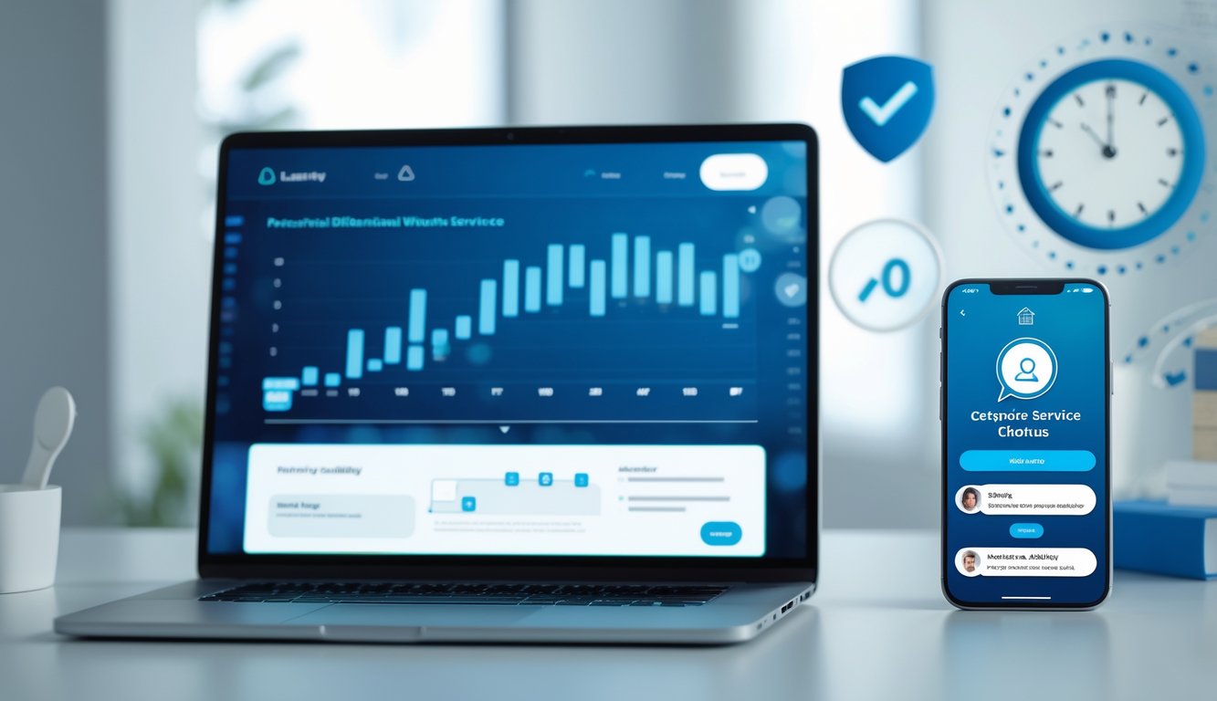 Seorang profesional menggunakan laptop dan ponsel di meja kerja modern dengan elemen yang menunjukkan layanan togel online terpercaya dan layanan 24 jam.