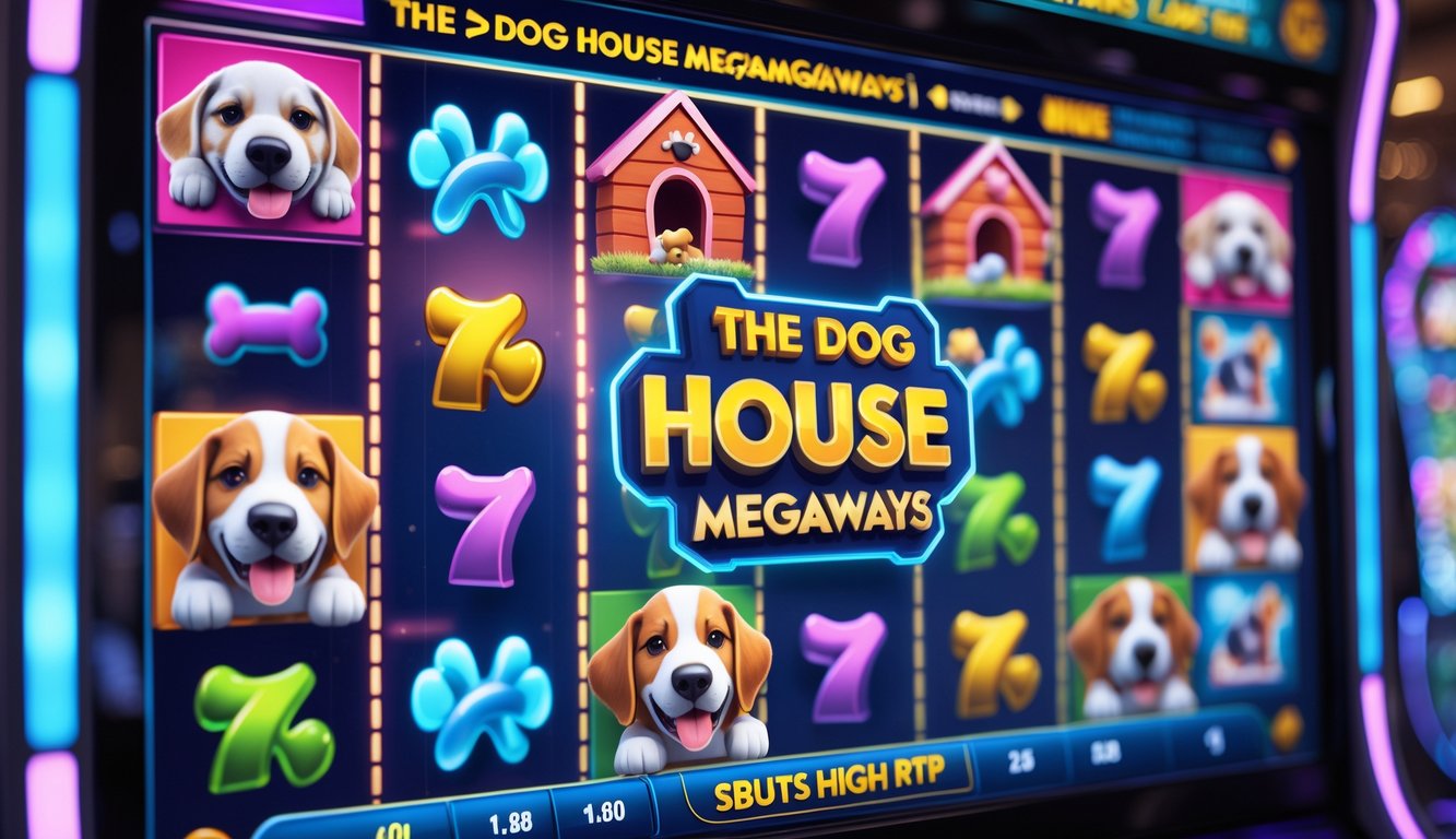 Antarmuka permainan slot online dengan tema rumah anjing dan simbol anjing yang ceria di layar mesin slot digital.