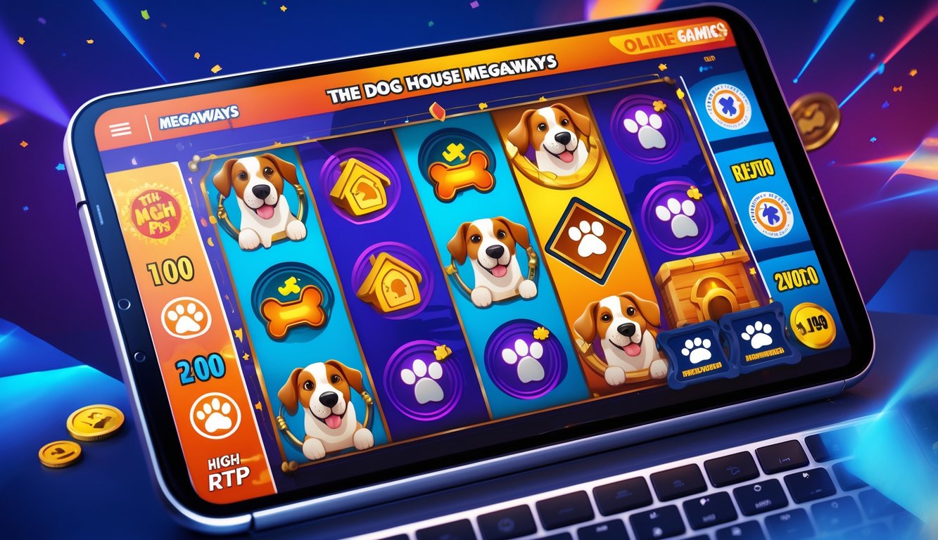Layar perangkat digital menampilkan permainan slot dengan ikon bertema anjing seperti rumah anjing, tulang, dan jejak kaki anjing.