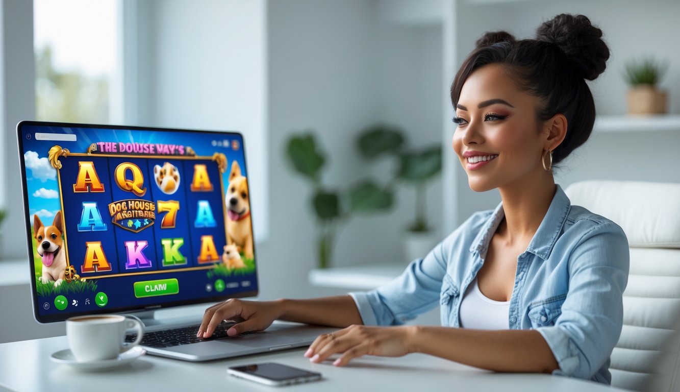 Seorang wanita muda duduk di meja dengan laptop, bermain permainan slot online bertema anjing di lingkungan rumah yang terang dan rapi.