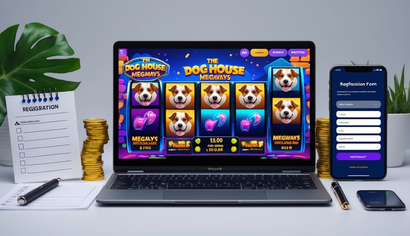 Seseorang menggunakan komputer dengan tampilan permainan slot The Dog House Megaways dan alat tulis di meja untuk mendaftar slot online.