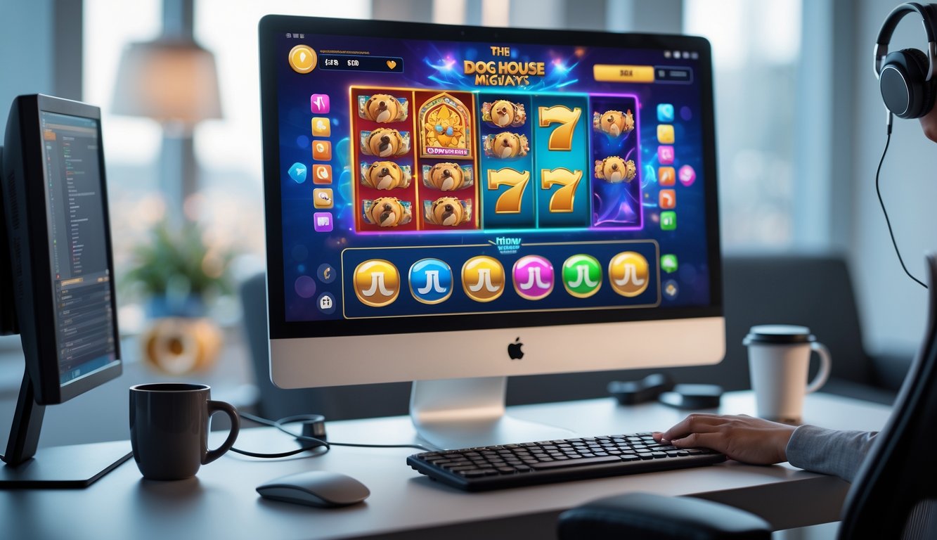 Sebuah meja kerja dengan komputer yang menampilkan permainan slot bertema anjing, dilengkapi dengan aksesori permainan dan pencahayaan alami.