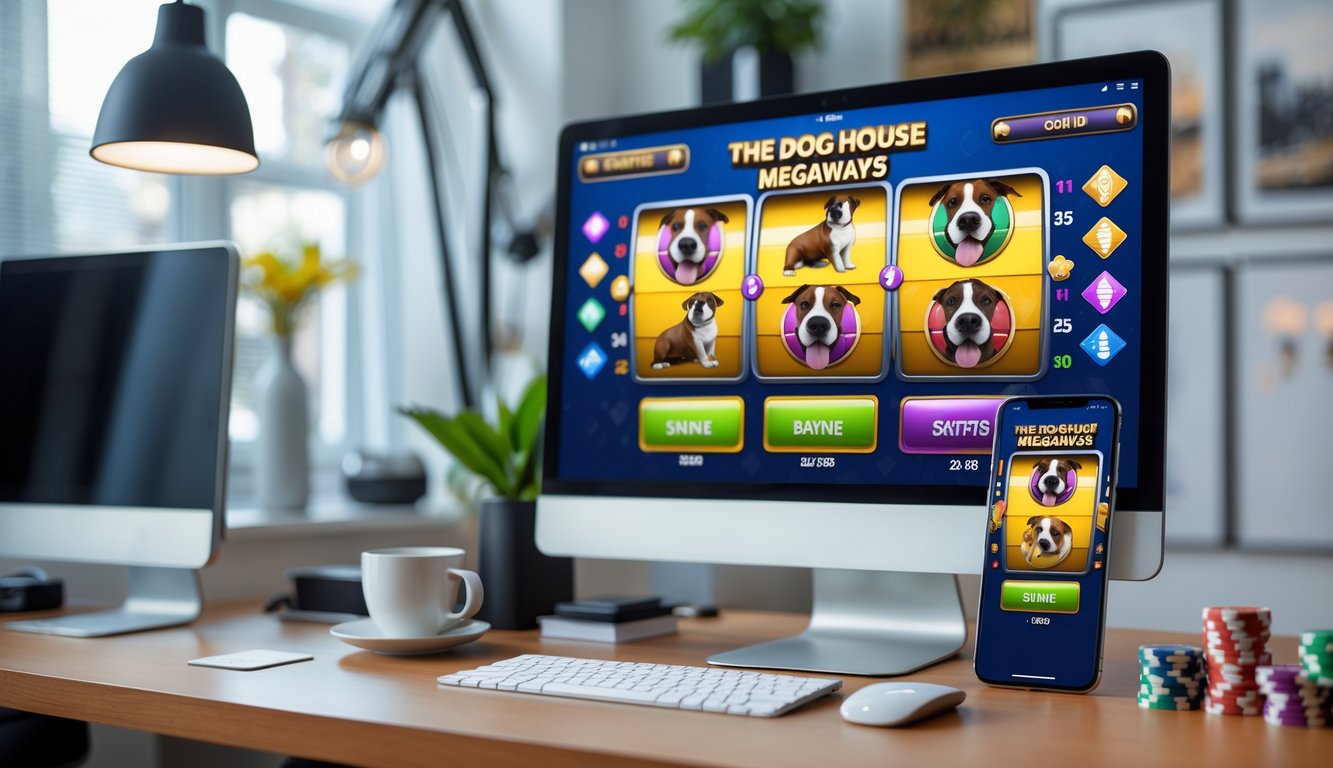 Sebuah meja kerja dengan komputer dan ponsel yang menampilkan permainan slot bertema anjing, di ruang kantor yang terang dan rapi.