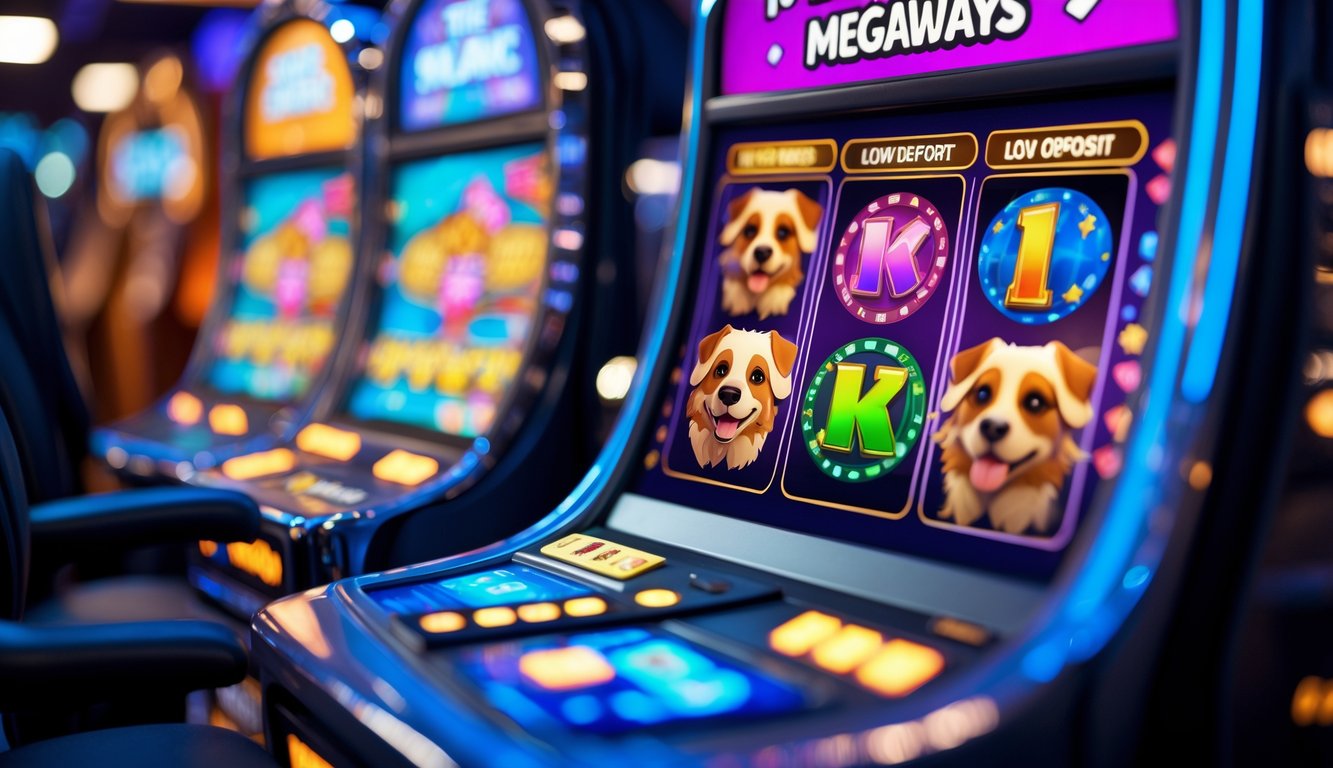 Tampilan antarmuka permainan slot online bertema anjing dengan simbol warna-warni dan latar belakang modern yang menunjukkan suasana permainan kasino digital.