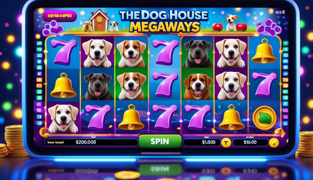Antarmuka permainan slot online dengan tema anjing, menampilkan karakter anjing lucu dan simbol mesin slot di layar komputer.