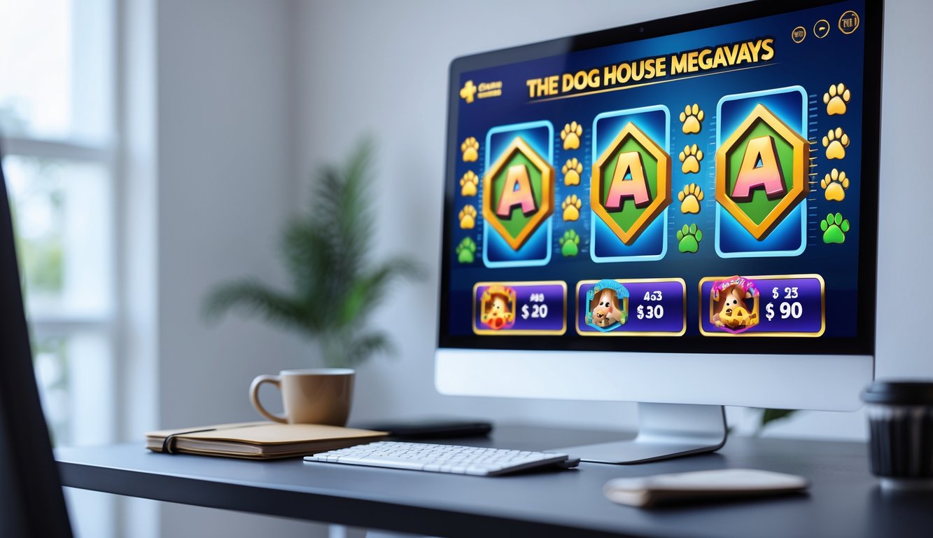 Seseorang sedang menggunakan komputer dengan tampilan permainan slot bertema rumah anjing yang cerah dan menarik.