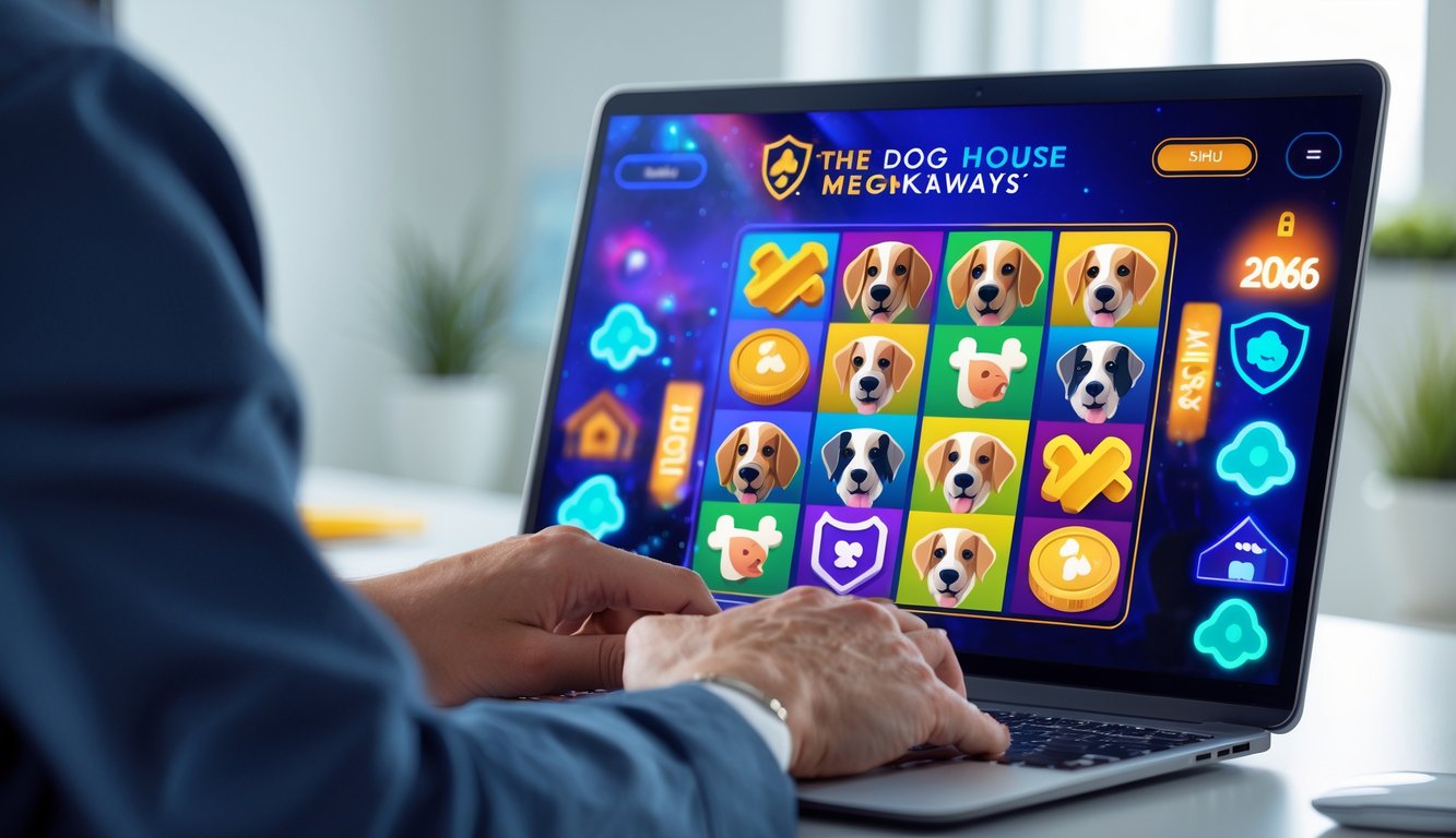 Seseorang menggunakan komputer dengan tampilan permainan slot bertema anjing di layar, di lingkungan kerja yang terang dan rapi.