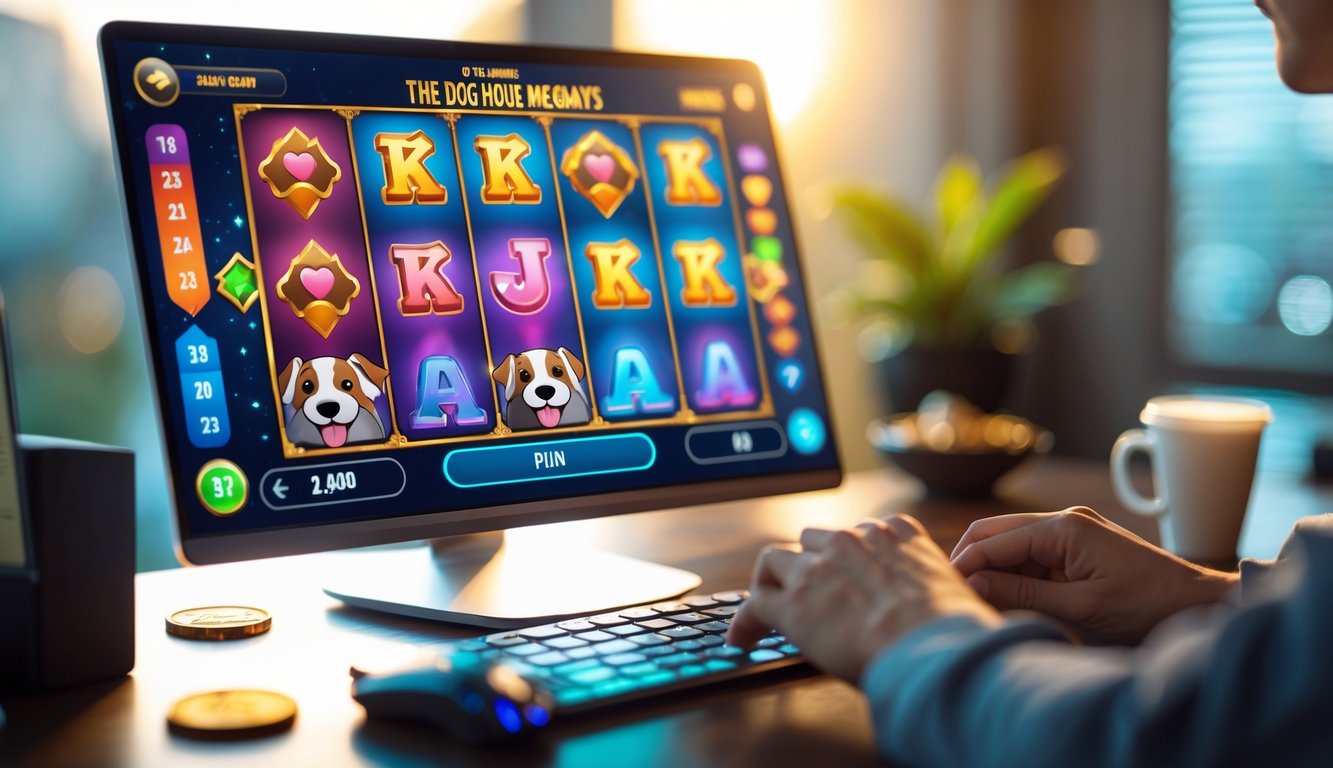 Seorang pengguna sedang bermain permainan slot online bertema anjing di komputer dengan latar belakang meja kerja yang rapi dan pencahayaan hangat.