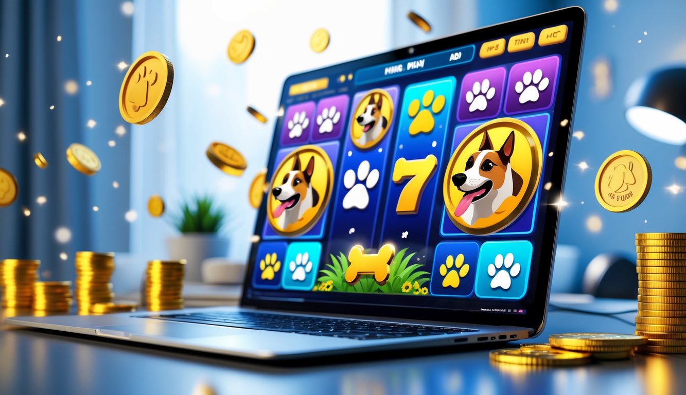 Layar komputer menampilkan permainan slot online dengan ikon anjing, tulang, dan rumah anjing, dikelilingi koin emas dan elemen digital di lingkungan ruang kerja modern.