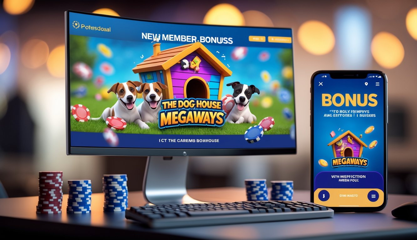 Meja komputer dengan layar menampilkan permainan slot bertema rumah anjing, dikelilingi oleh chip kasino dan kartu poker.