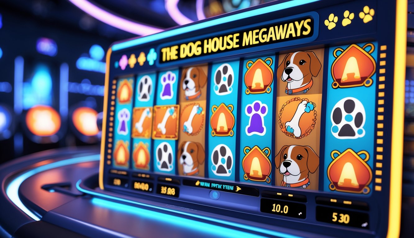 Tampilan layar komputer dengan permainan slot online bertema anjing, menampilkan ikon tulang, jejak kaki, dan rumah anjing yang berwarna-warni.