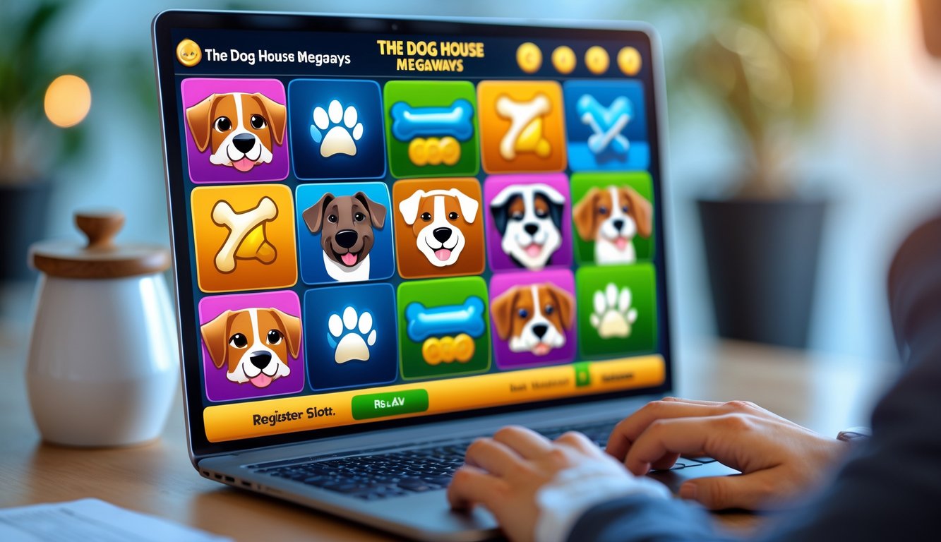 Tampilan layar komputer dengan permainan slot bertema anjing, tangan seseorang sedang berinteraksi dengan perangkat.