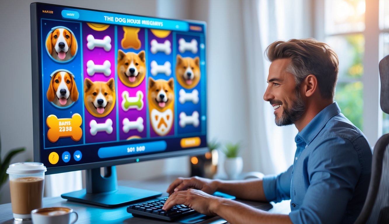 Seorang pemain dewasa duduk di depan komputer yang menampilkan permainan slot online bertema anjing dengan ikon-ikon lucu, suasana terang dan nyaman dengan perangkat teknologi modern di meja.