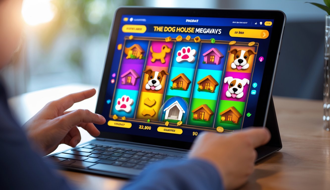 Tampilan layar perangkat digital dengan permainan slot bertema anjing, menunjukkan gulungan warna-warni dan tangan seseorang yang sedang bermain.