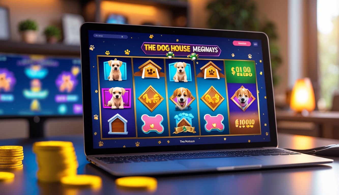 Layar perangkat menampilkan permainan slot bertema anjing dengan simbol seperti anak anjing dan rumah anjing di ruangan yang nyaman.