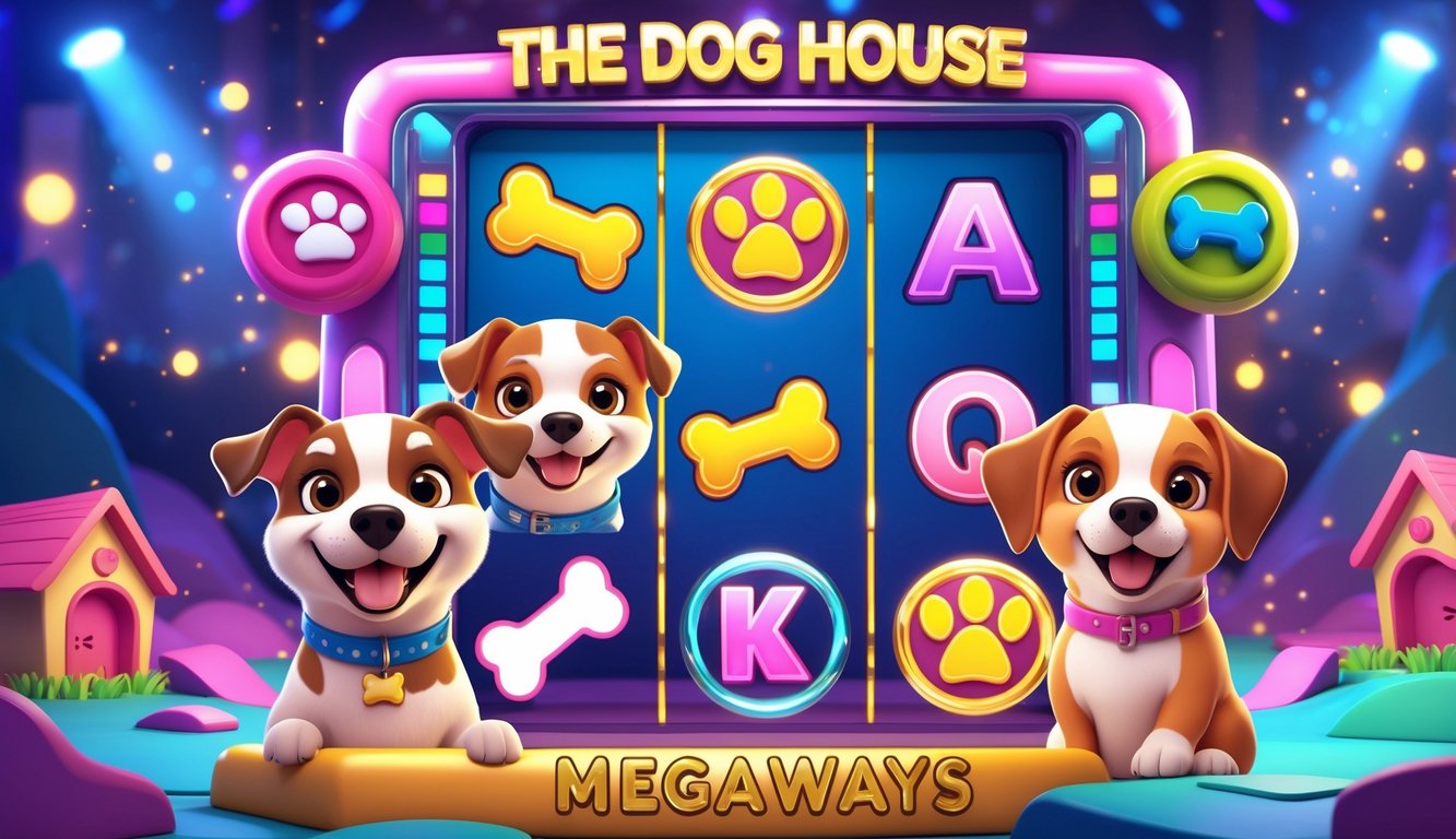 Tampilan mesin slot digital dengan tema anjing dan rumah anjing yang berwarna-warni dan ceria, menampilkan simbol tulang dan jejak kaki.