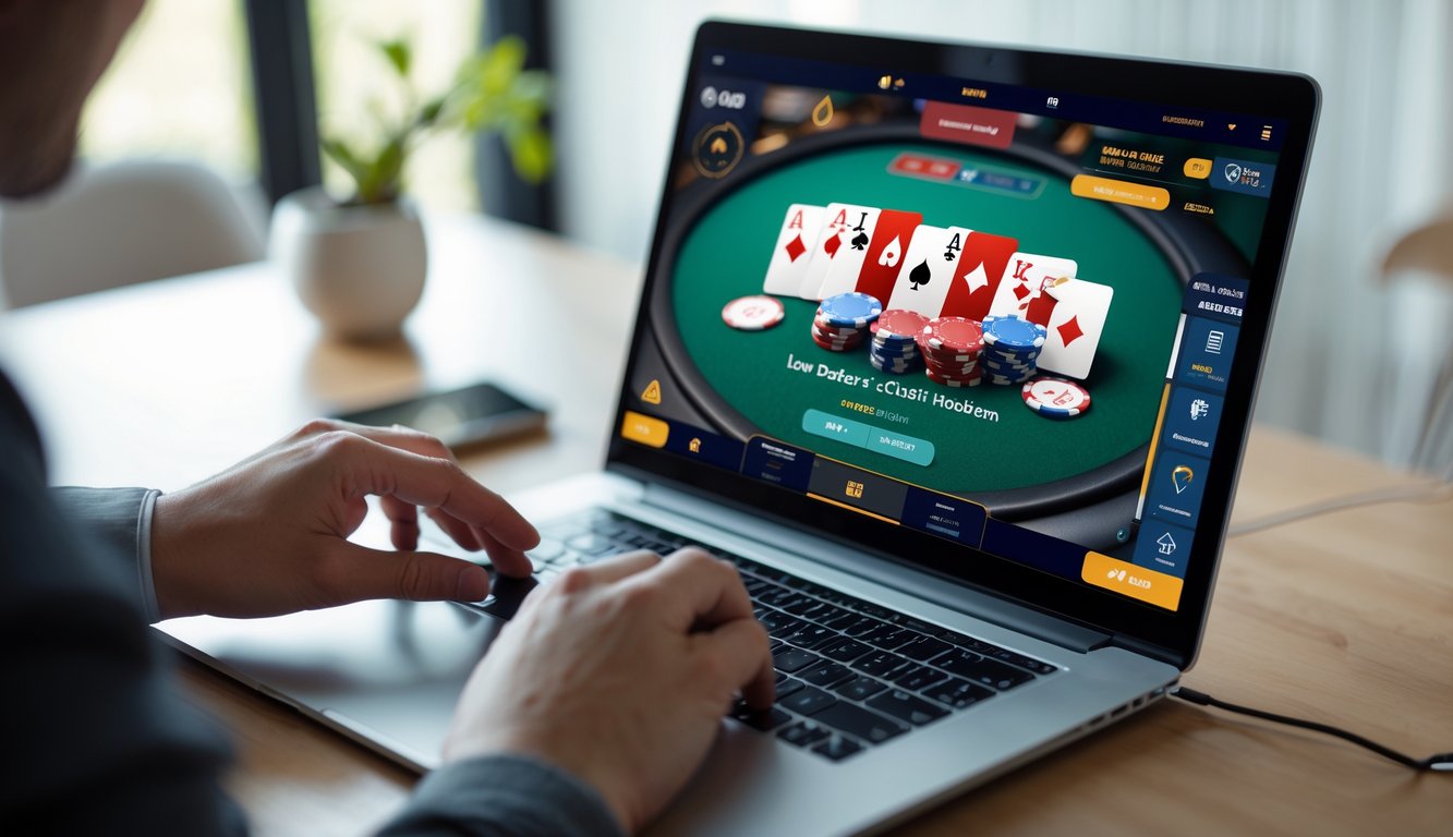 Seseorang bermain poker online di depan komputer dengan kartu dan chip poker terlihat di layar.