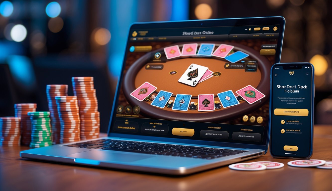 Sebuah laptop dan ponsel menampilkan permainan poker online dengan tumpukan chip poker di sekitarnya.