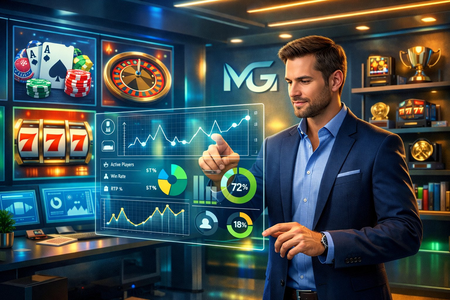A Person Analyzing Casino Game Data On A Holographic Screen In A Modern Office Filled With Gaming Icons And Prototypes.