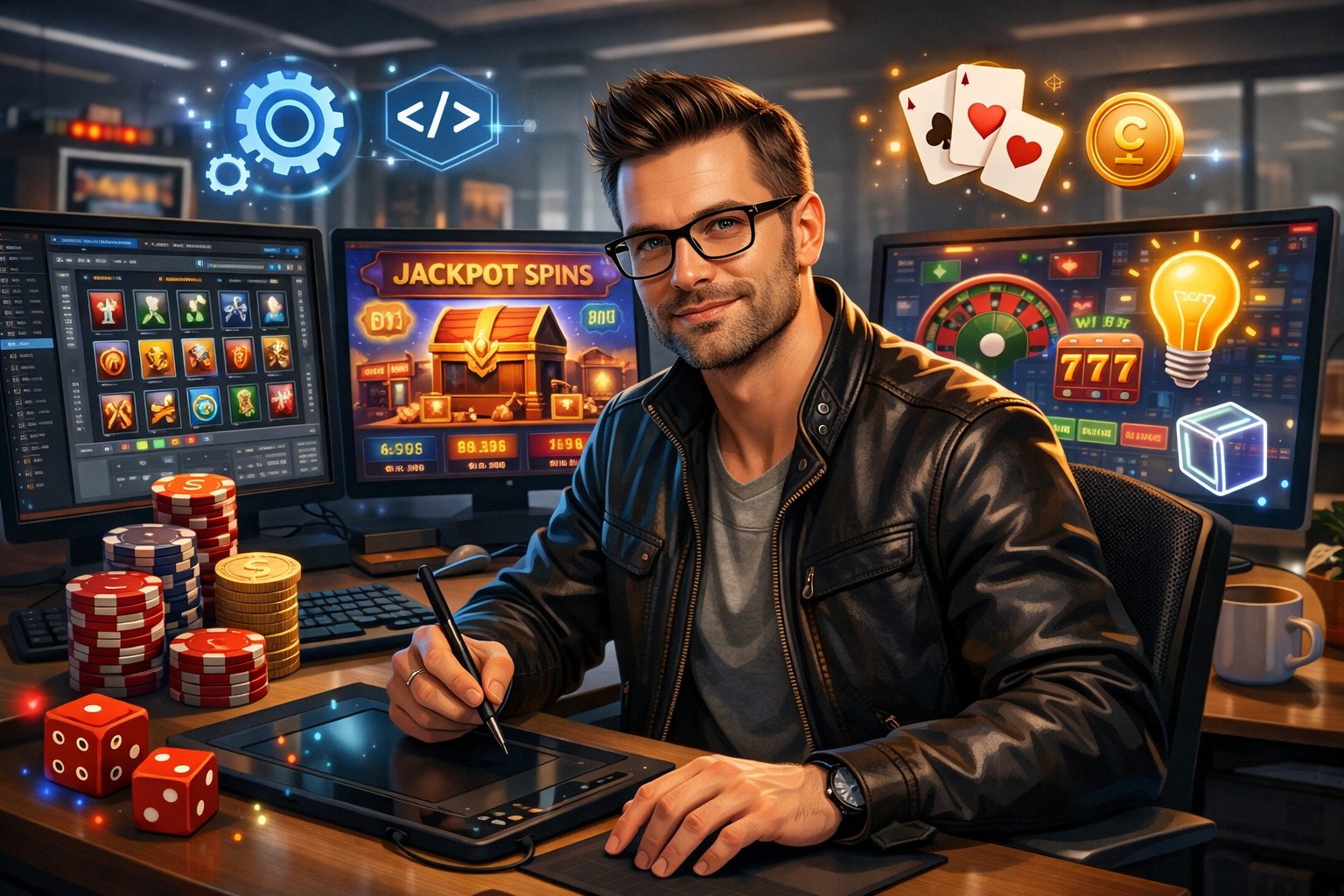 A Game Developer Working At A Computer Surrounded By Casino Game Visuals And GamingRelated Icons In A Modern Office Setting.