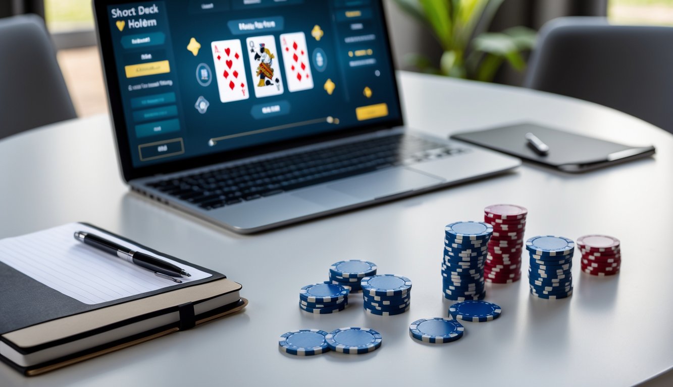Meja poker dengan chip, kartu, dan perangkat elektronik yang menampilkan permainan poker online, dengan suasana tenang dan alat tulis di dekatnya.