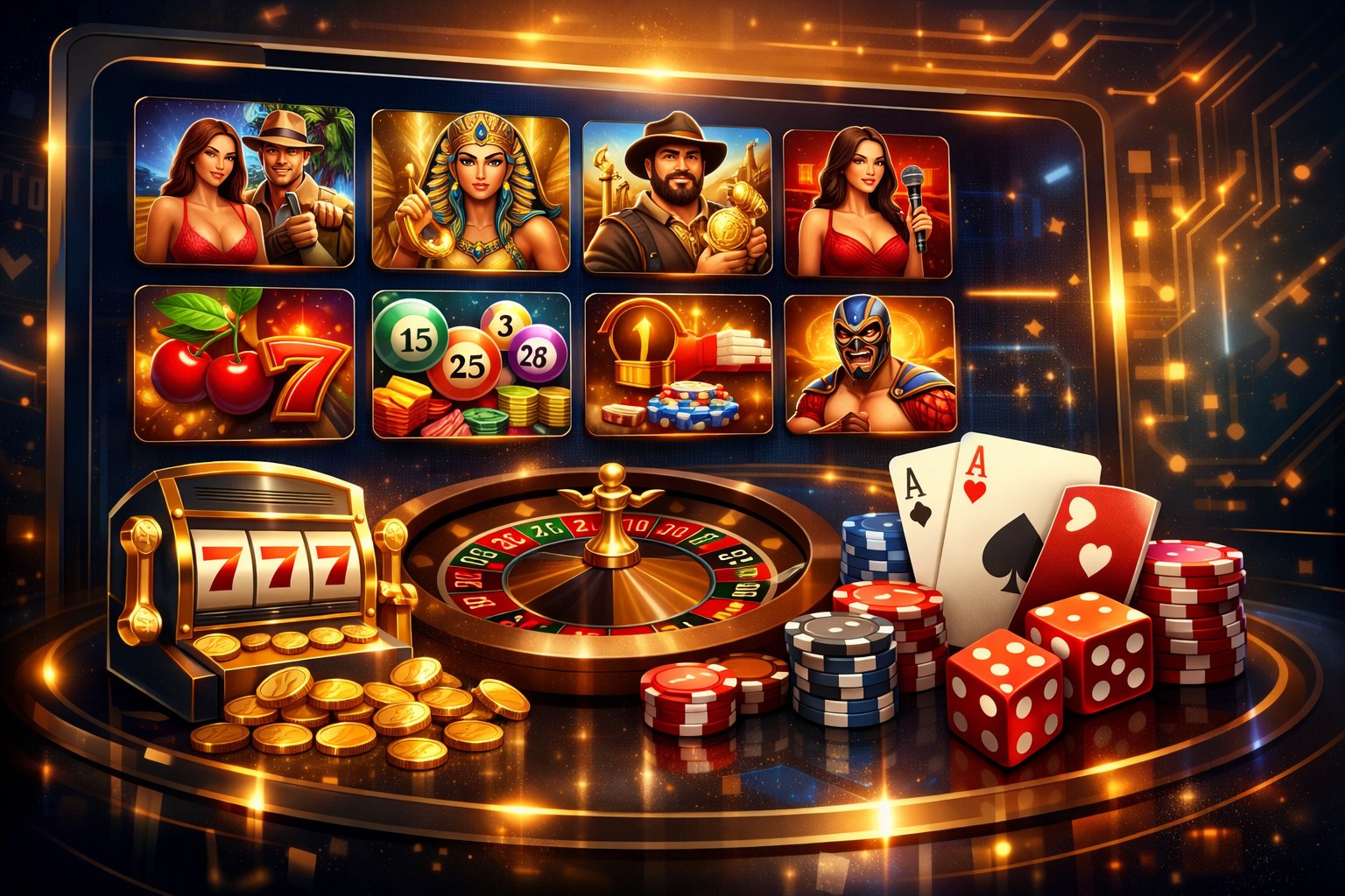 A Digital Interface Displaying Various Casino Game Icons Including Slot Machines, Poker Cards, Roulette Wheels, And Dice Arranged Neatly Against A Background With Subtle Technology Patterns.