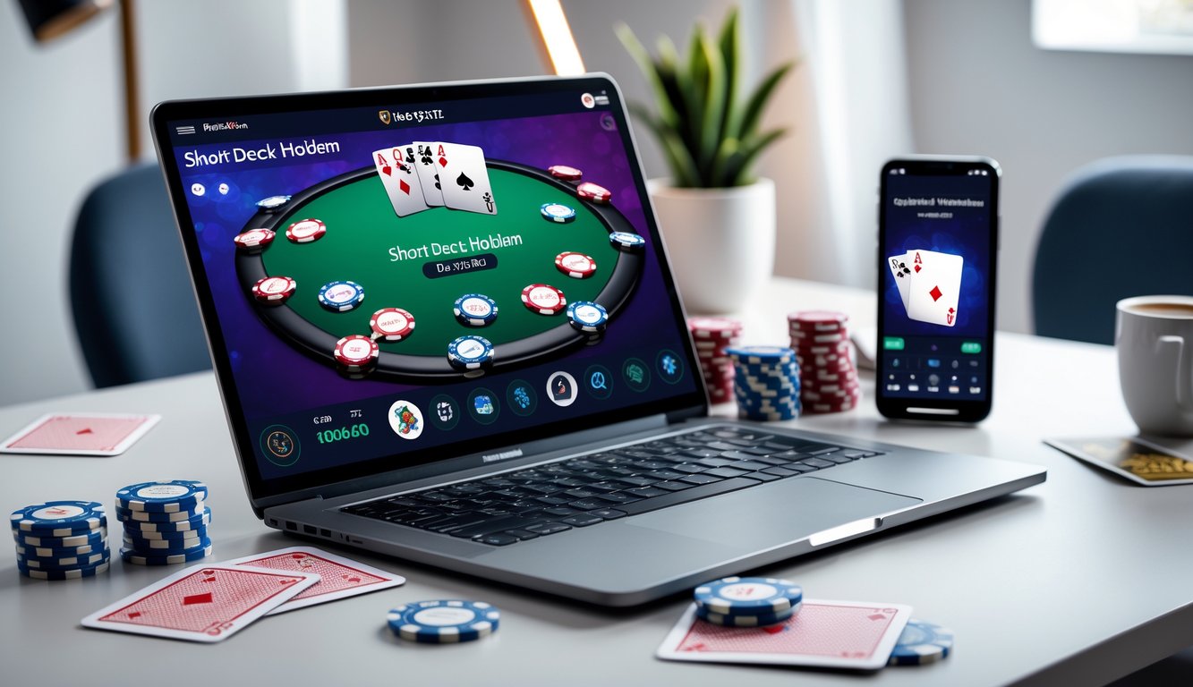 Seorang pemain menggunakan laptop dan smartphone untuk bermain poker online dengan kartu dan chip di meja.