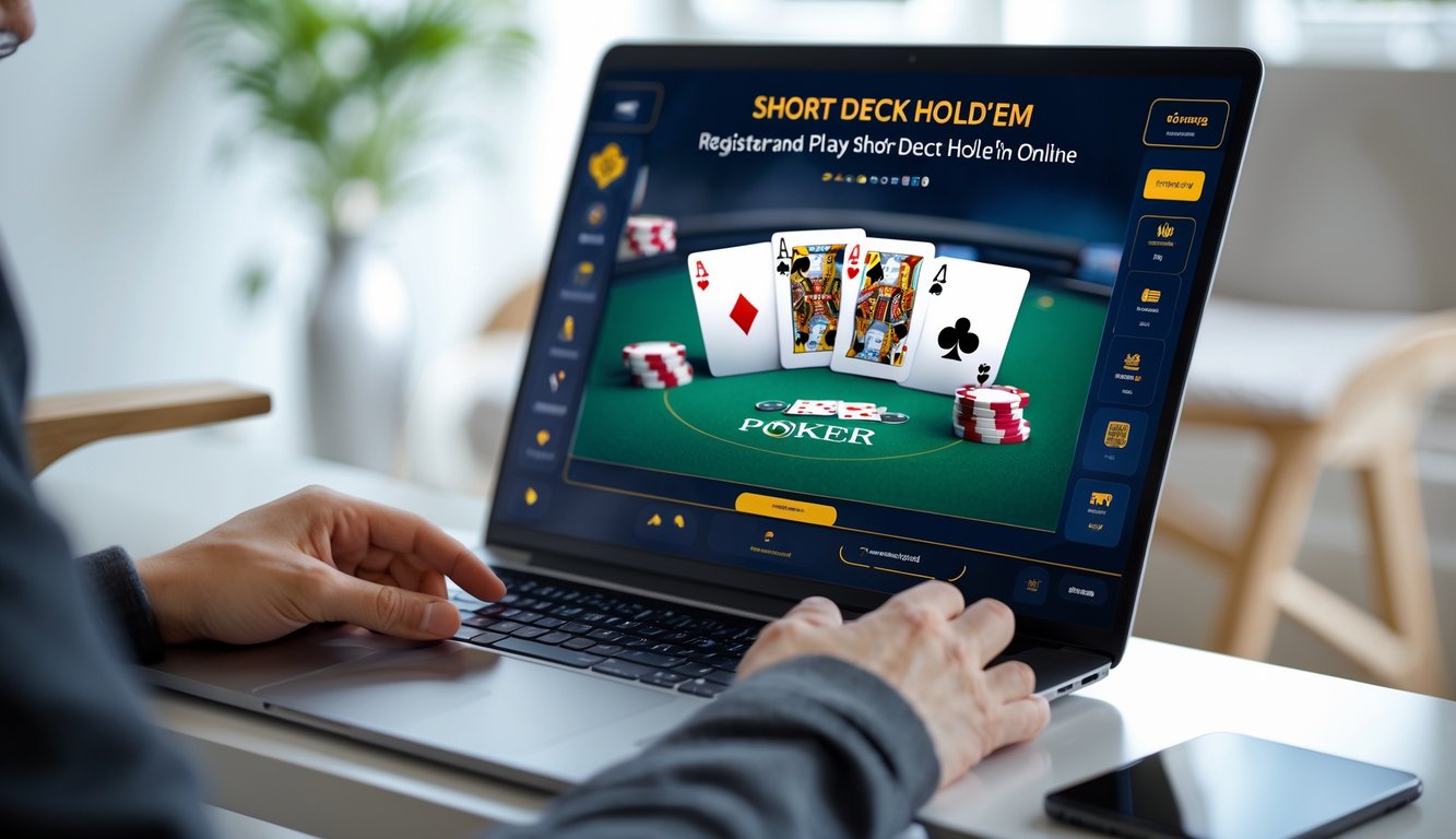 Seseorang menggunakan laptop untuk bermain poker Short Deck Hold’em online di meja kerja yang rapi dan terang.