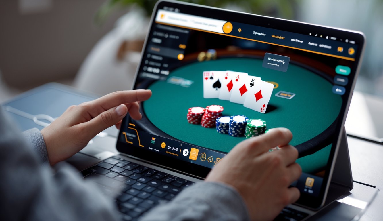 Seseorang menggunakan laptop yang menampilkan permainan poker online dengan kartu dan chip poker di layar.