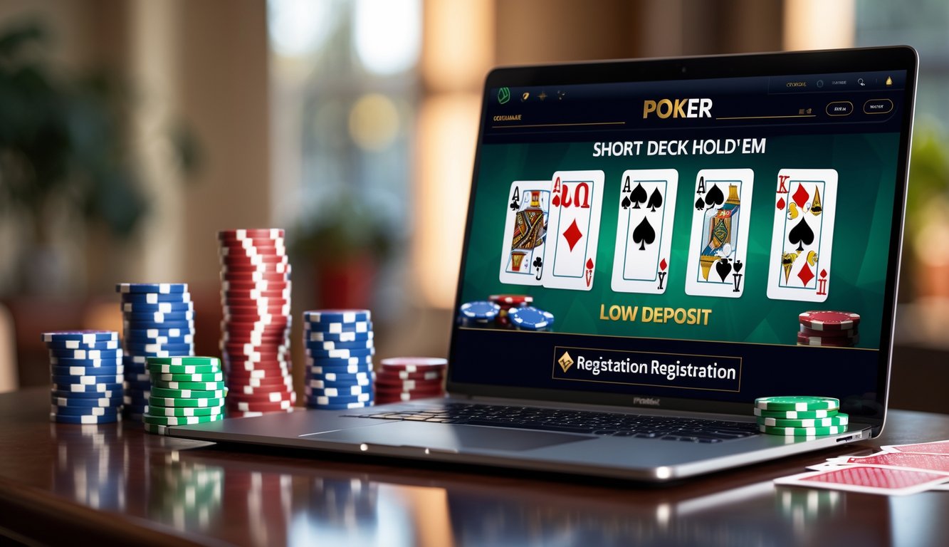 Seorang pemain poker online menggunakan laptop dengan tumpukan chip dan kartu poker di meja kayu.