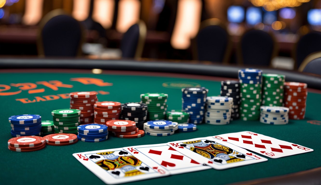 Meja poker dengan chip dan kartu yang tersusun rapi di lingkungan kasino yang hangat dan modern.