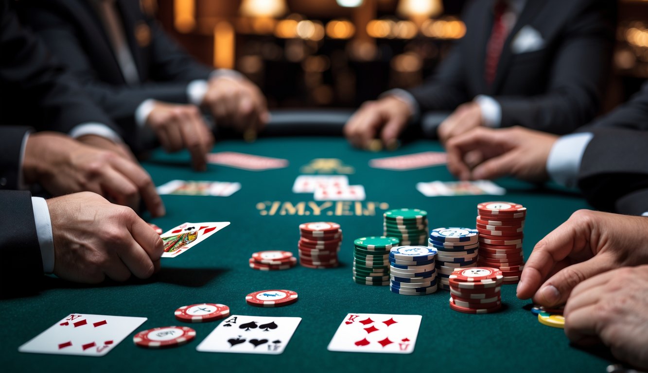 Meja poker dengan kartu dan tumpukan chip dalam permainan Short Deck Hold’em di kasino.