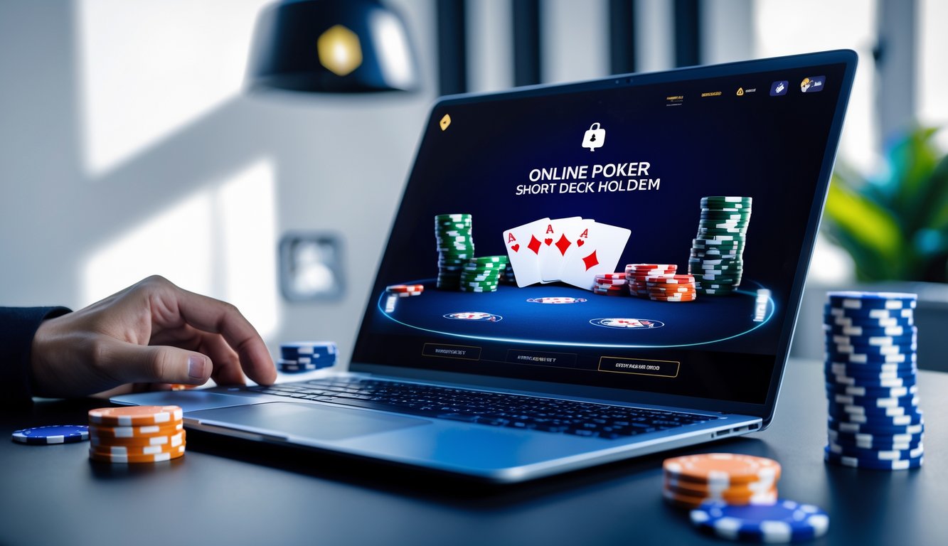 Sebuah laptop menampilkan meja poker digital dengan kartu dan chip, menggambarkan permainan poker online yang aman dan resmi.