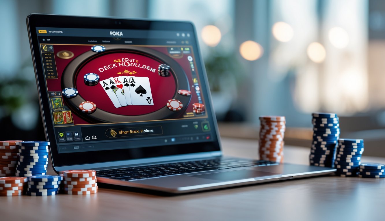 Seorang laptop menampilkan permainan poker online dengan kartu dan tumpukan chip poker di atas meja kayu bersih.