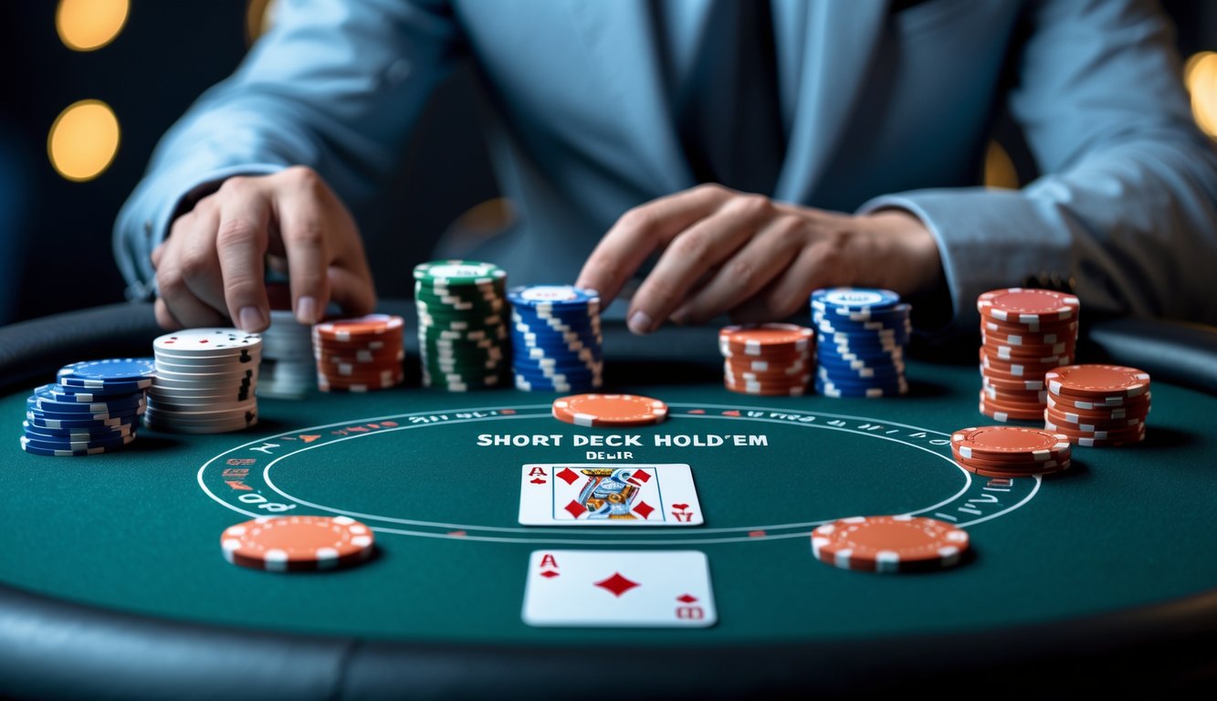 Seseorang bermain poker online Short Deck Hold’em di layar komputer dengan tumpukan chip dan kartu poker.