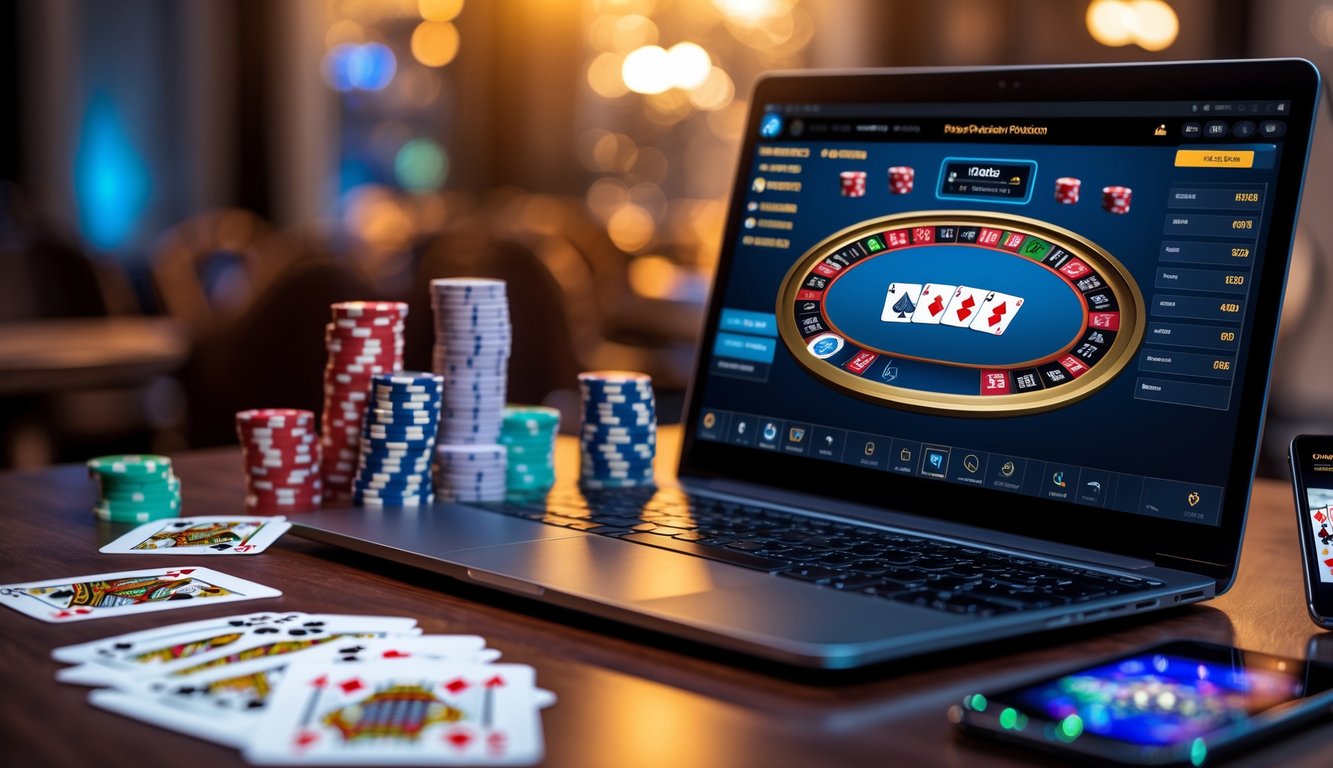 Sebuah laptop dengan tampilan permainan poker online, dikelilingi oleh tumpukan chip dan kartu poker di atas meja kayu.