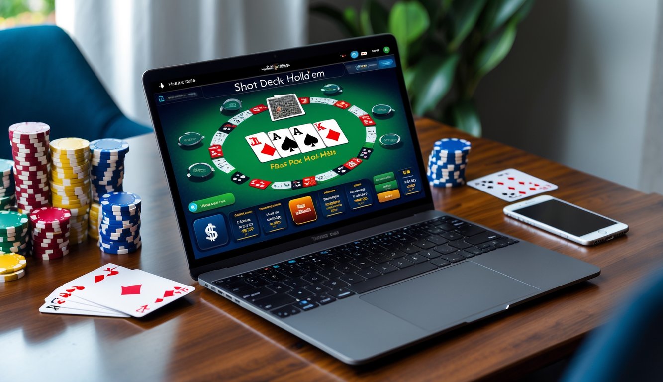 Seorang pemain poker online menggunakan laptop dengan tumpukan chip dan kartu poker di atas meja kayu.