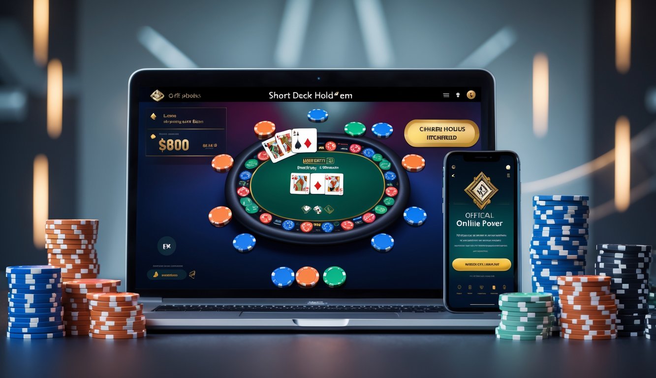 Seorang pemain poker online menggunakan laptop dengan tumpukan chip poker dan kartu di meja, menunjukkan suasana permainan poker Short Deck Hold’em online.