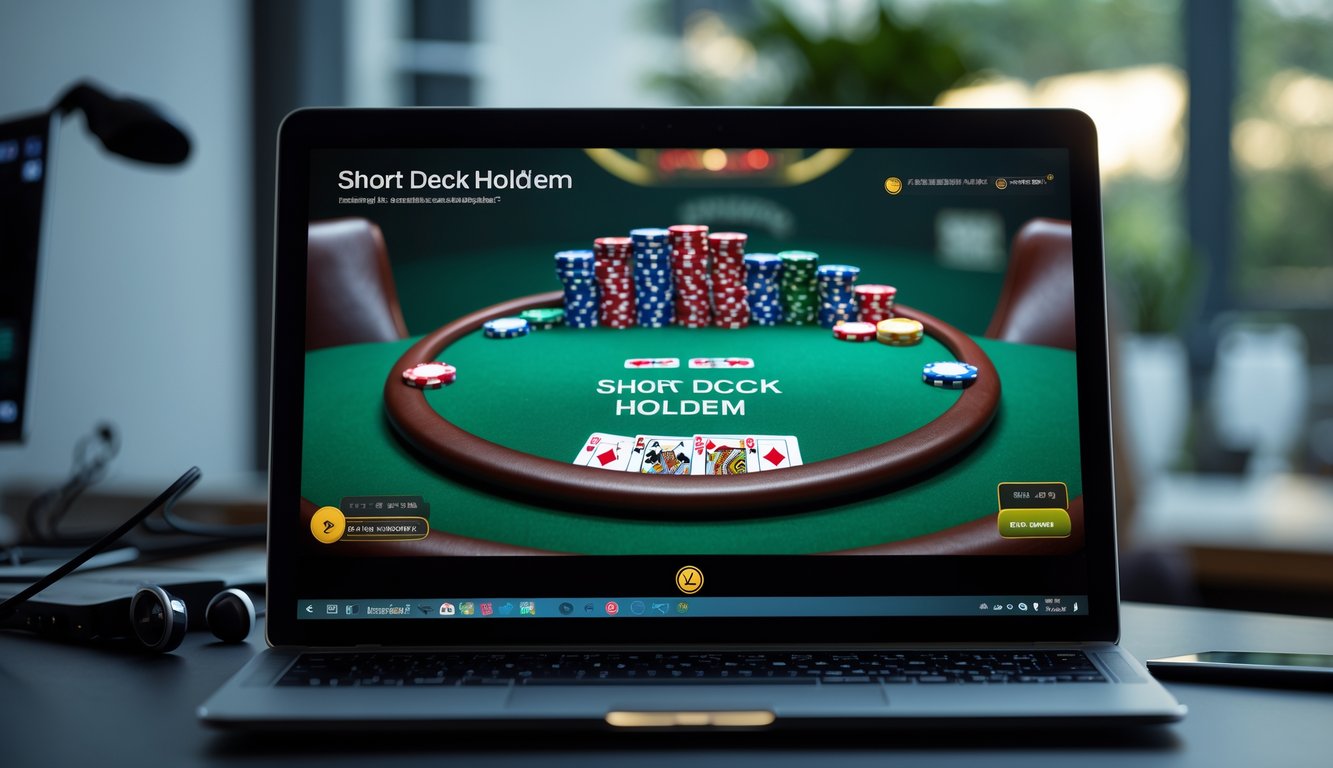 Sebuah layar komputer menampilkan meja poker dengan kartu dan chip poker yang rapi, menggambarkan permainan poker online Short Deck Hold’em dengan layanan 24 jam.