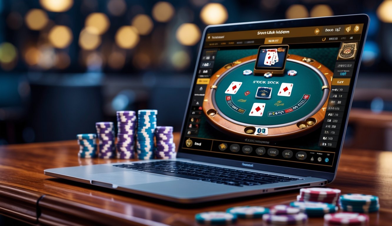 Sebuah laptop modern menampilkan permainan poker Short Deck Hold'em dengan tumpukan chip poker di atas meja kayu.