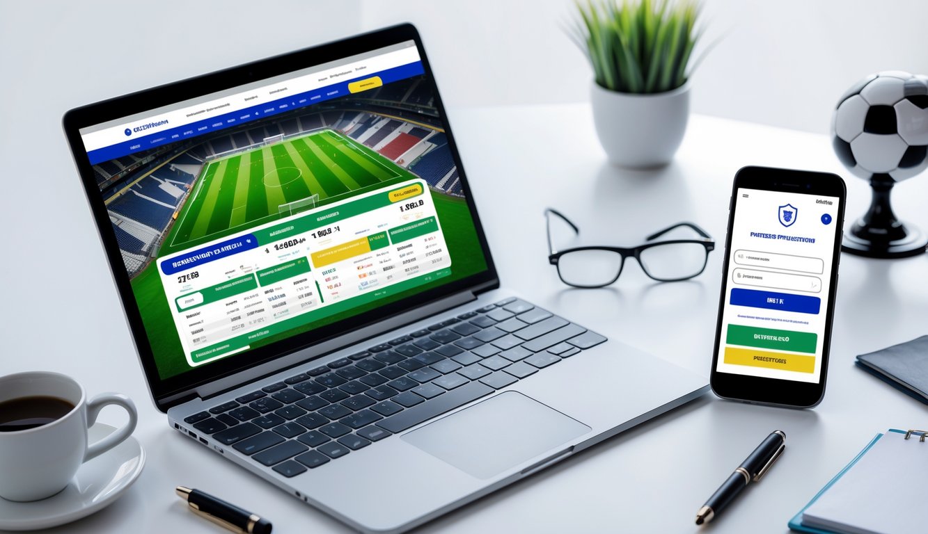 Seorang pria menggunakan laptop dan ponsel di meja kerja dengan tampilan situs taruhan bola, dikelilingi oleh cangkir kopi, kacamata, dan catatan.