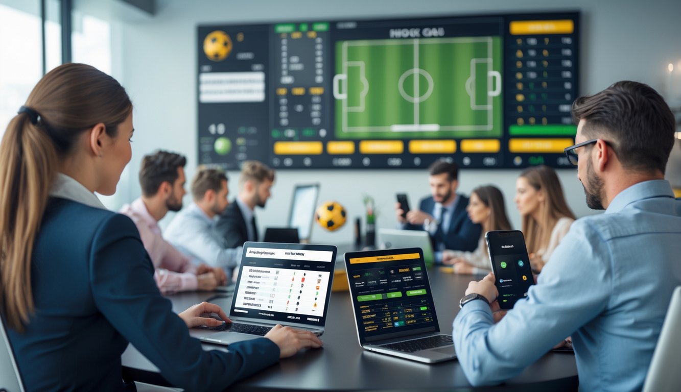 Beberapa orang menggunakan perangkat digital untuk memasang taruhan bola online dengan statistik dan informasi pertandingan yang terlihat di layar.