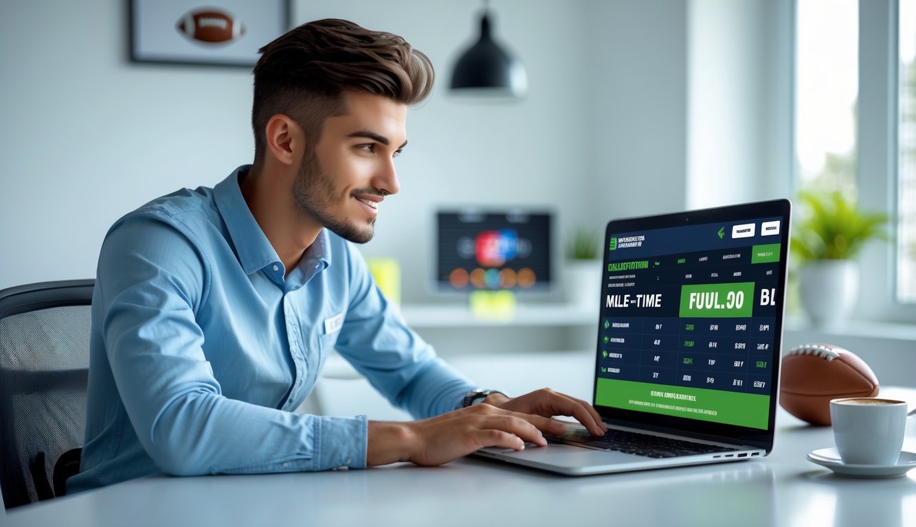 Seorang pria muda duduk di depan laptop di kantor yang terang dengan tampilan situs taruhan bola online di layar.