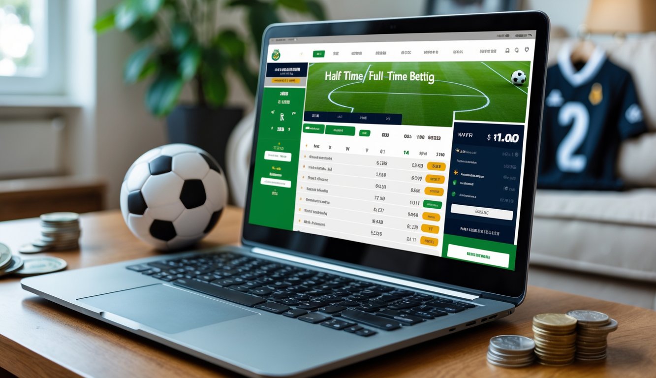 Seseorang menggunakan laptop atau ponsel untuk memasang taruhan bola online di ruangan yang nyaman dengan dekorasi bertema sepak bola.