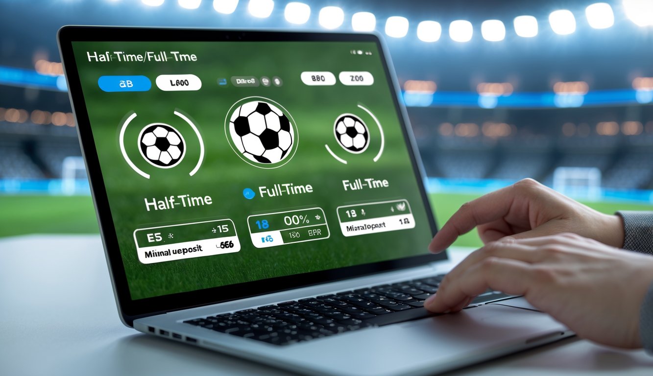 Seseorang menggunakan laptop atau ponsel untuk memasang taruhan bola half-time/full-time dengan latar belakang stadion sepak bola yang terang.