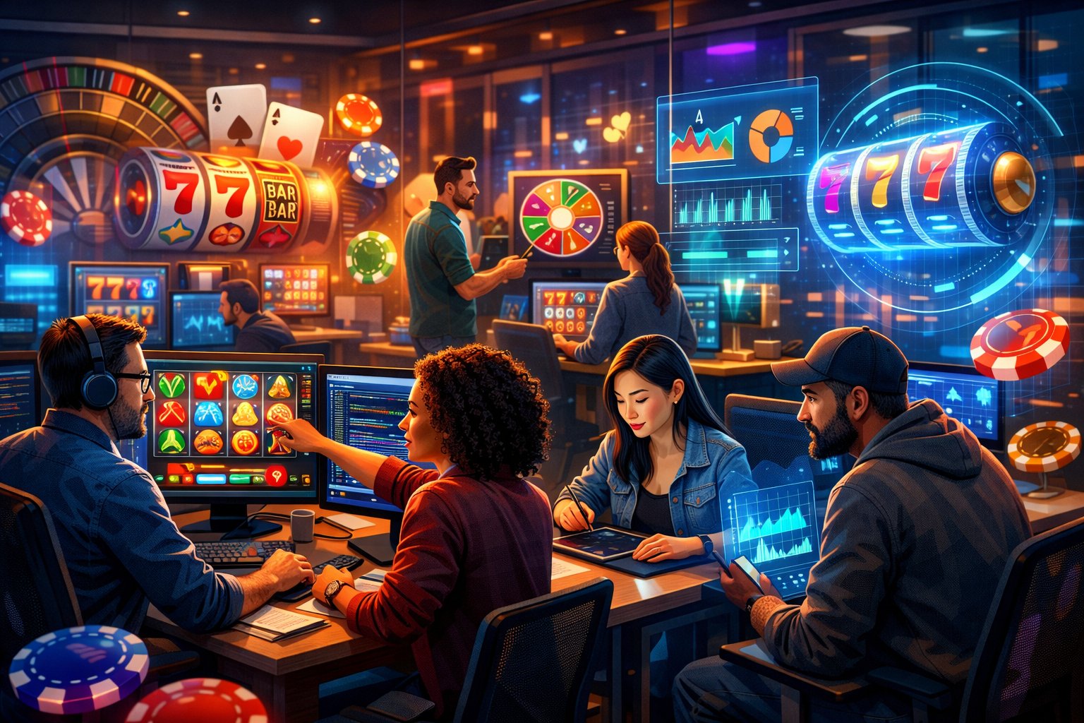 A Team Of Game Developers Working Together In A Modern Office Surrounded By Screens Showing Casino Game Graphics And Coding Interfaces.